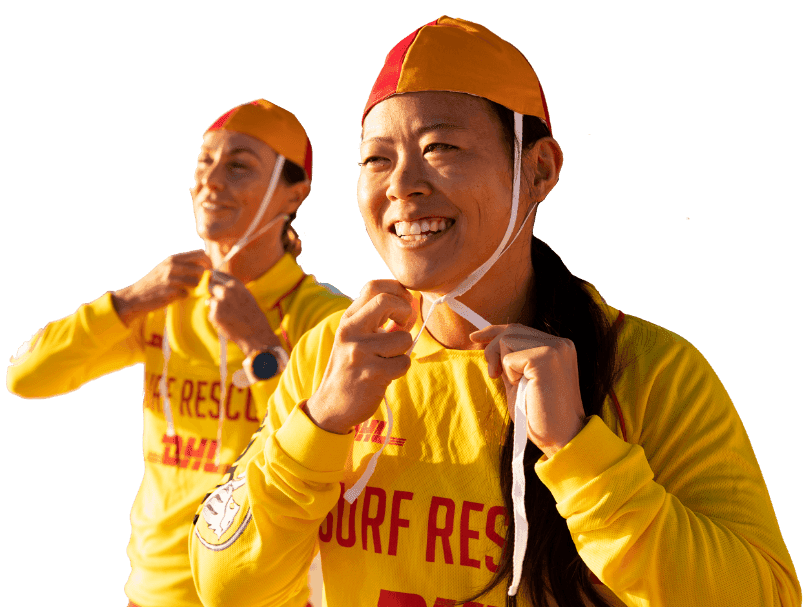 Lifesavers pulling on red and yellow caps